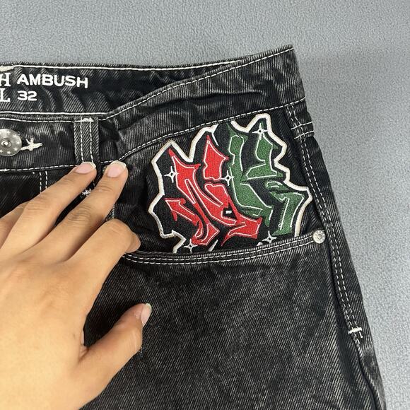 Ninth Hall Ambush Jeans Mens 32 Black Eagle Snake Baggy Wide Leg Hip Hop Y2K - Picture 4 of 14